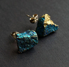 Raw Peacock Ore Chunk Earrings, Geo Earrings, Rock Stud Earrings - Puritific