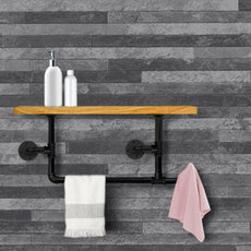 Raw Steel Towel Rail Pipework With Wood Shelf Hanger~3557-1