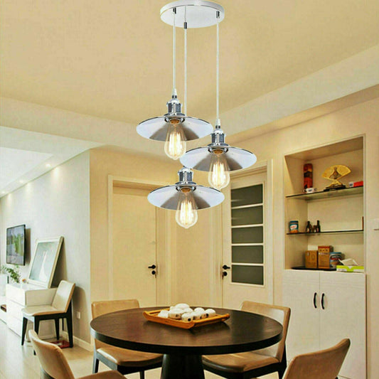 Retro 3 Head Pendant Hanging Light Chrome Metal Flat Lamp Shade For Bed room, Kitchen, Study room, Dining room~1324-0