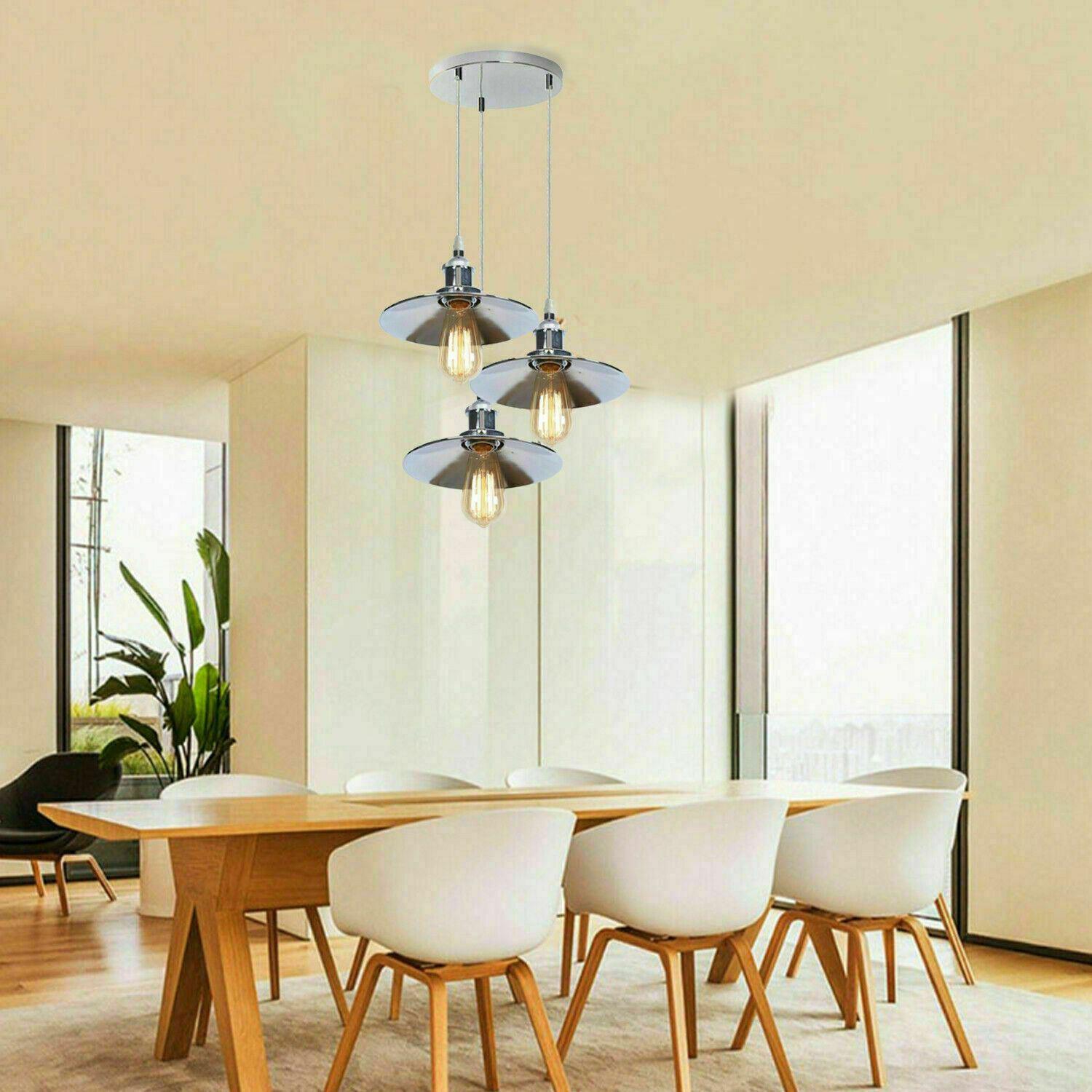 Retro 3 Head Pendant Hanging Light Chrome Metal Flat Lamp Shade For Bed room, Kitchen, Study room, Dining room~1324-2