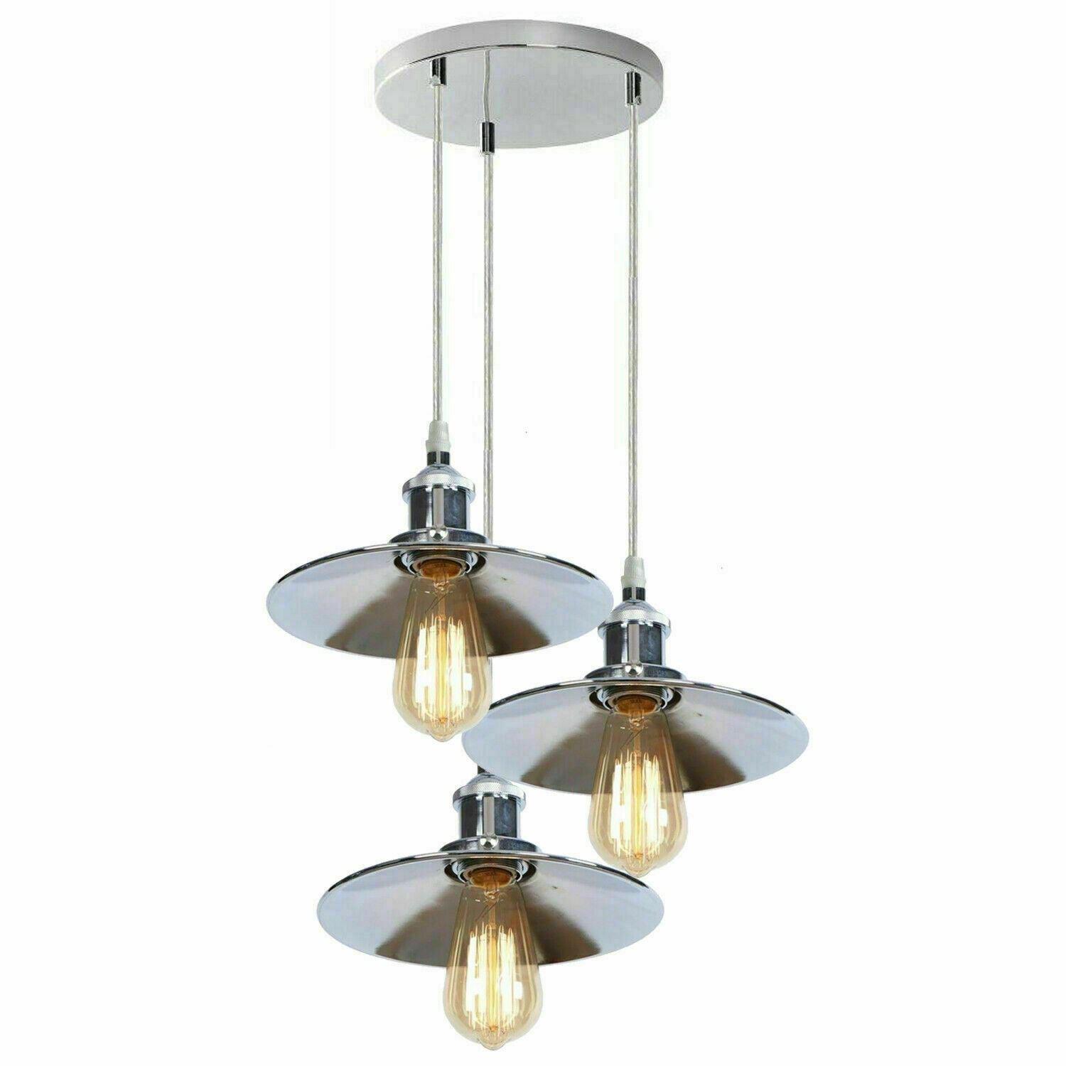 Retro 3 Head Pendant Hanging Light Chrome Metal Flat Lamp Shade For Bed room, Kitchen, Study room, Dining room~1324-4