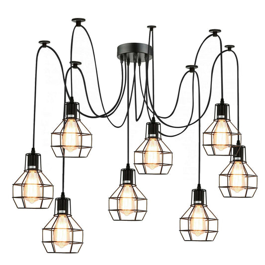 Retro Industrial Black Metal Nest Cage Ceiling 8 way Pendant Hanging Light Chandelier Indoor Lighting For Bar, Bedroom, Dining Room, Living Room~1180-1