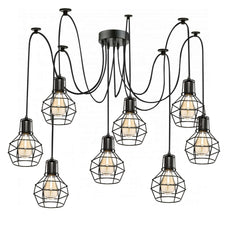 Retro Industrial Black Metal Nest Cage Ceiling 8 way Pendant Hanging Light Chandelier Indoor Lighting For Bar, Bedroom, Dining Room, Living Room~1180-6