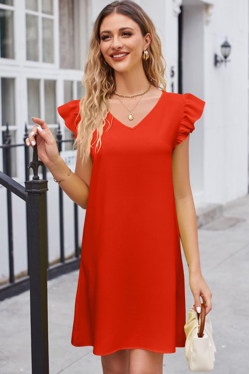 Ruffled V-Neck Flutter Sleeve Dress - Puritific