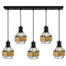 Rustic Industrial Hemp Rope Chandelier 5 Head Metal Ceiling Pendant Light~1633-0