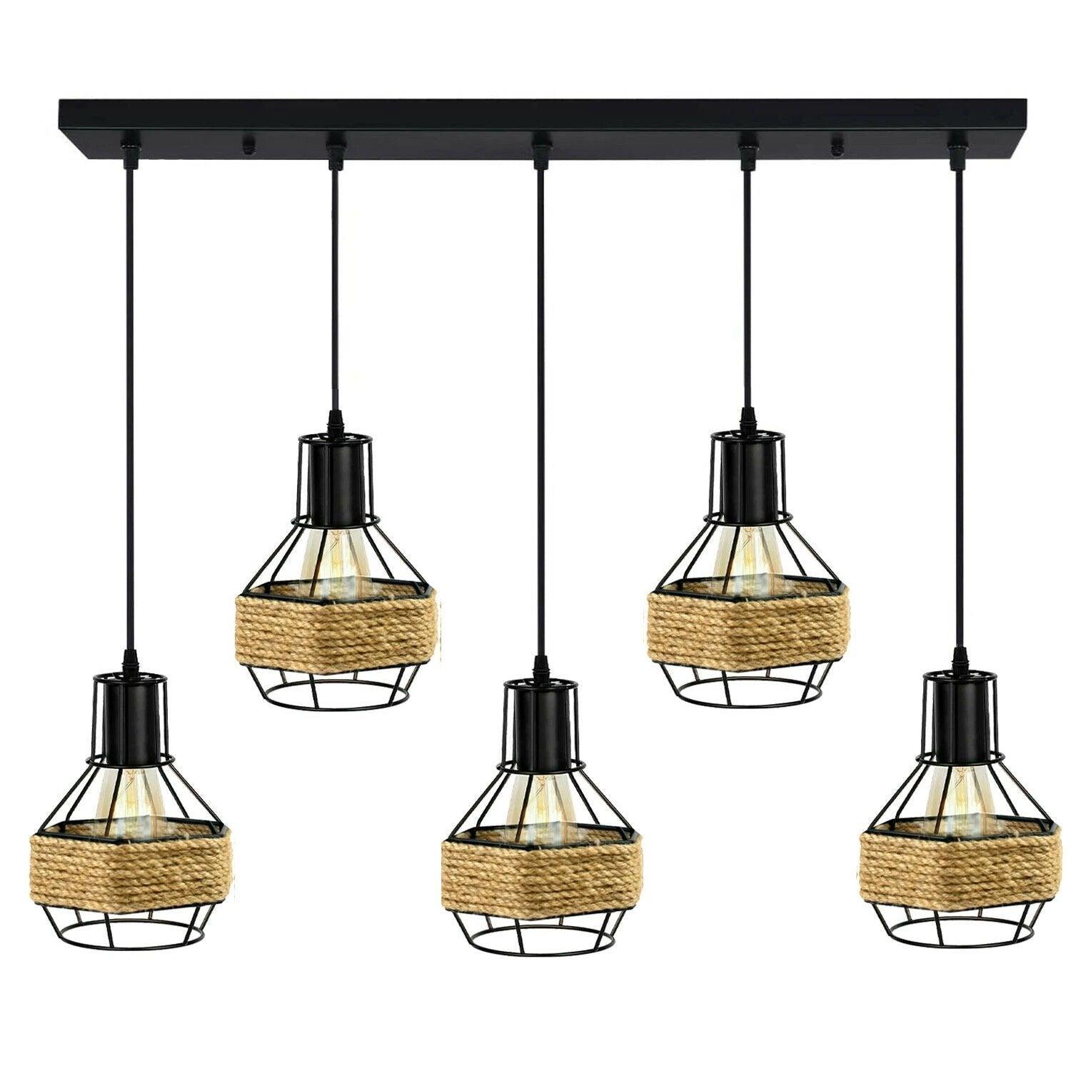 Rustic Industrial Hemp Rope Chandelier 5 Head Metal Ceiling Pendant Light~1633-2