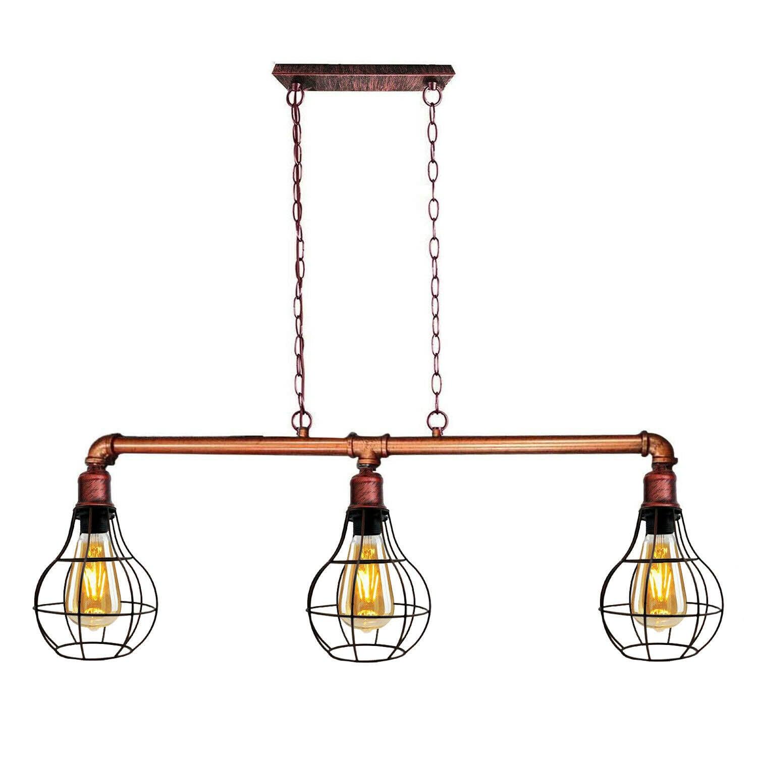 Rustic Red Retro Pendant Pipe Light 3 Head Cage Suspended Ceiling Lights~1791-1