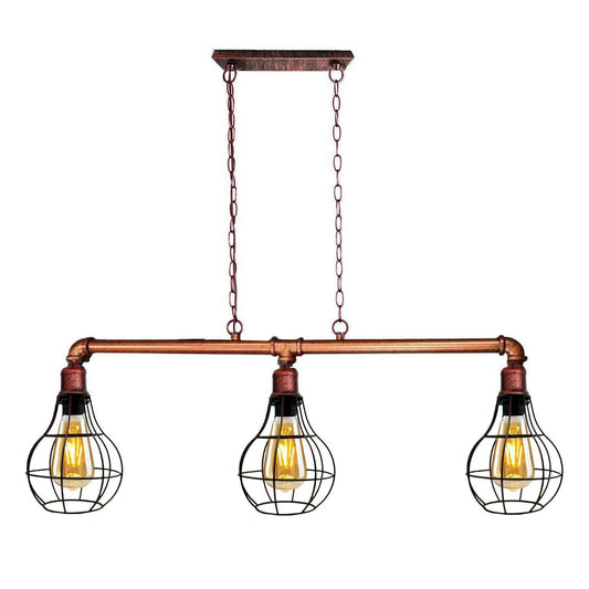 Rustic Red Retro Pendant Pipe Light 3 Head Cage Suspended Ceiling Lights~1791-1