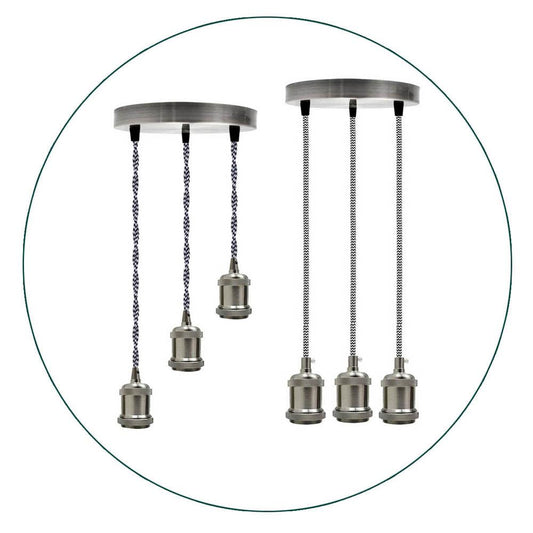 Satin Nickel 3 Head Pendant Braided Fabric Flex Lamp Holder Fitting~1622-0