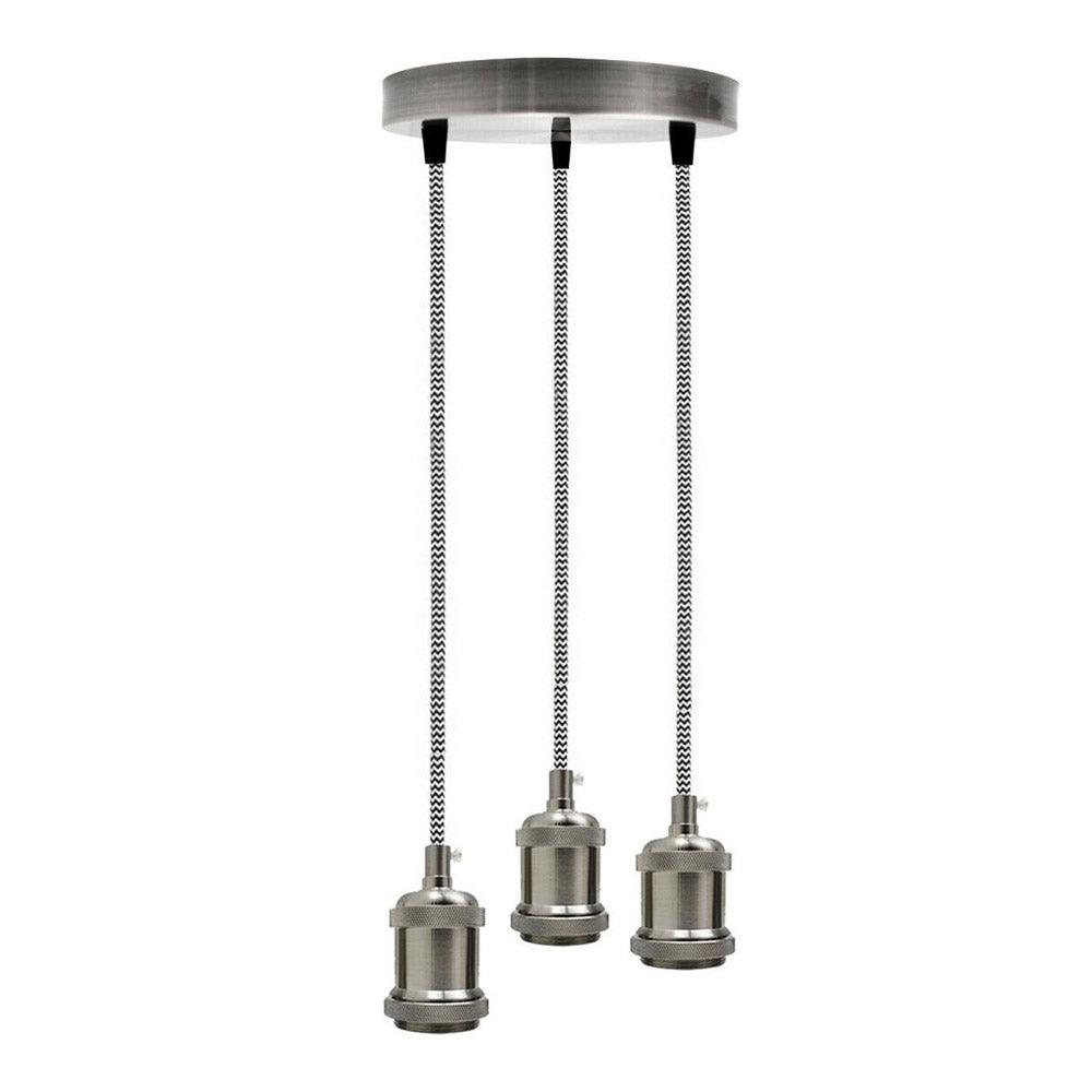 Satin Nickel 3 Head Pendant Braided Fabric Flex Lamp Holder Fitting~1622-1