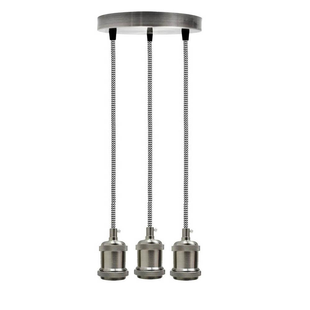 Satin Nickel 3 Head Pendant Braided Fabric Flex Lamp Holder Fitting~1622-3