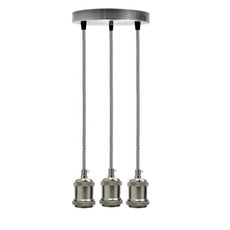 Satin Nickel 3 Head Pendant Braided Fabric Flex Lamp Holder Fitting~1622-3