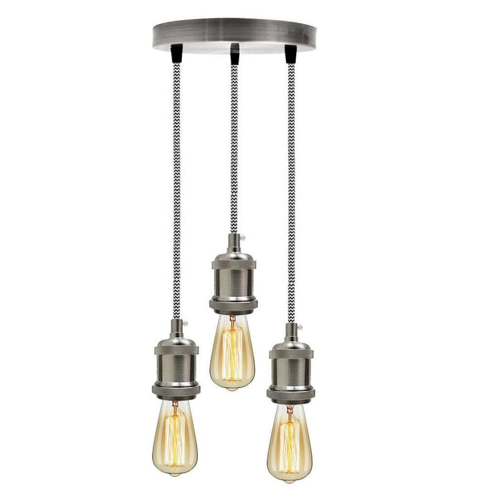 Satin Nickel 3 Head Pendant Braided Fabric Flex Lamp Holder Fitting~1622-4