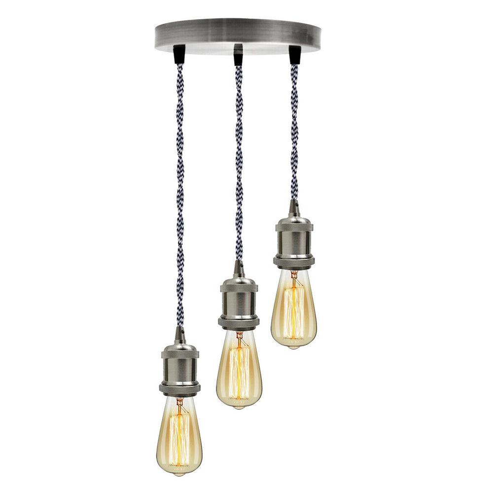 Satin Nickel 3 Head Pendant Braided Fabric Flex Lamp Holder Fitting~1622-6