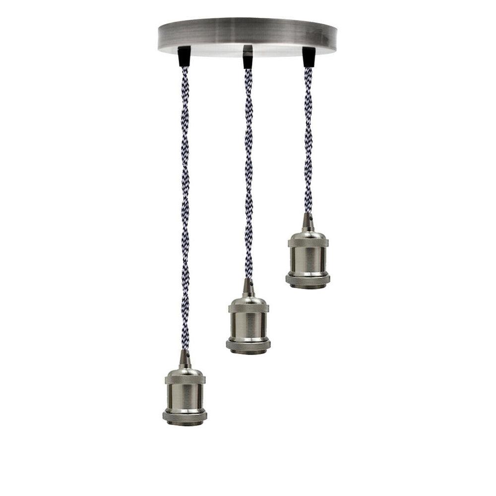 Satin Nickel 3 Head Pendant Braided Fabric Flex Lamp Holder Fitting~1622-7