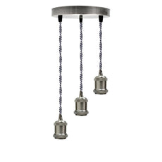 Satin Nickel 3 Head Pendant Braided Fabric Flex Lamp Holder Fitting~1622-7