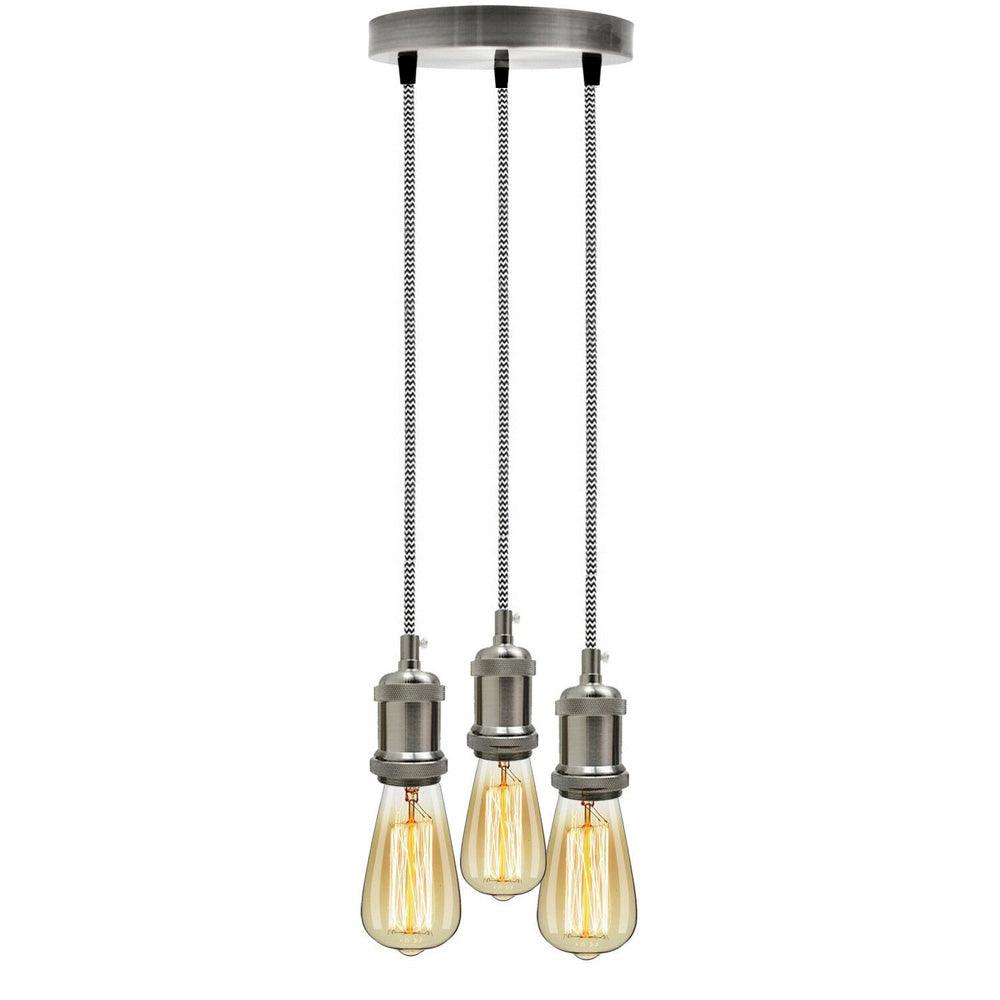 Satin Nickel 3 Head Pendant Braided Fabric Flex Lamp Holder Fitting~1622-8