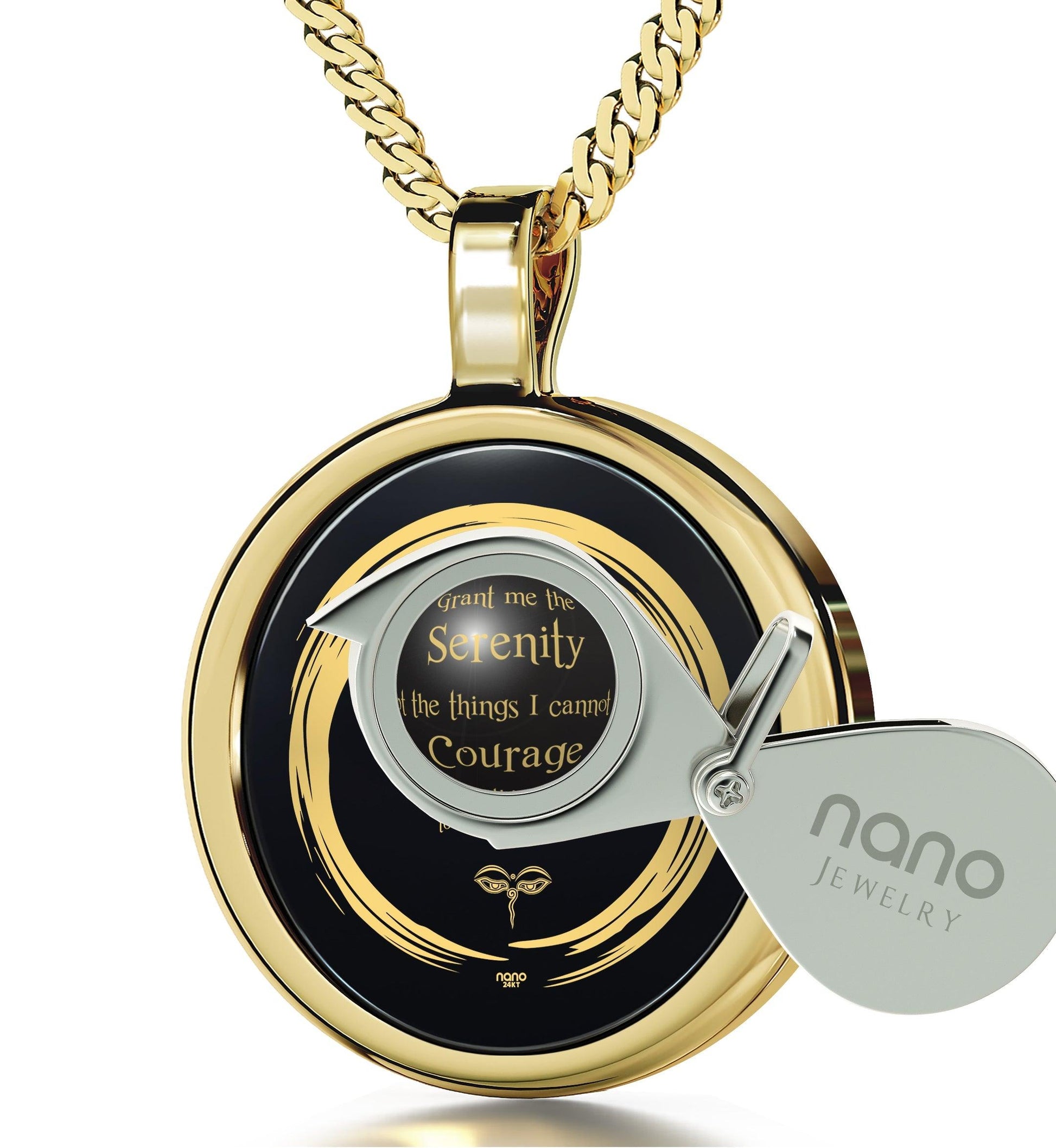 Serenity Prayer Necklace 24k Gold Inscribed Zen Circle Pendant - Puritific