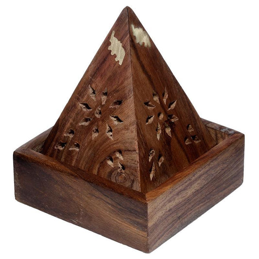 Sheesham Wood Pyramid Incense Cone Burner Box with Elephant IF246-0