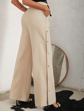 Side Button Pleated Wide Leg Pants - Puritific