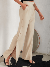 Side Button Pleated Wide Leg Pants - Puritific