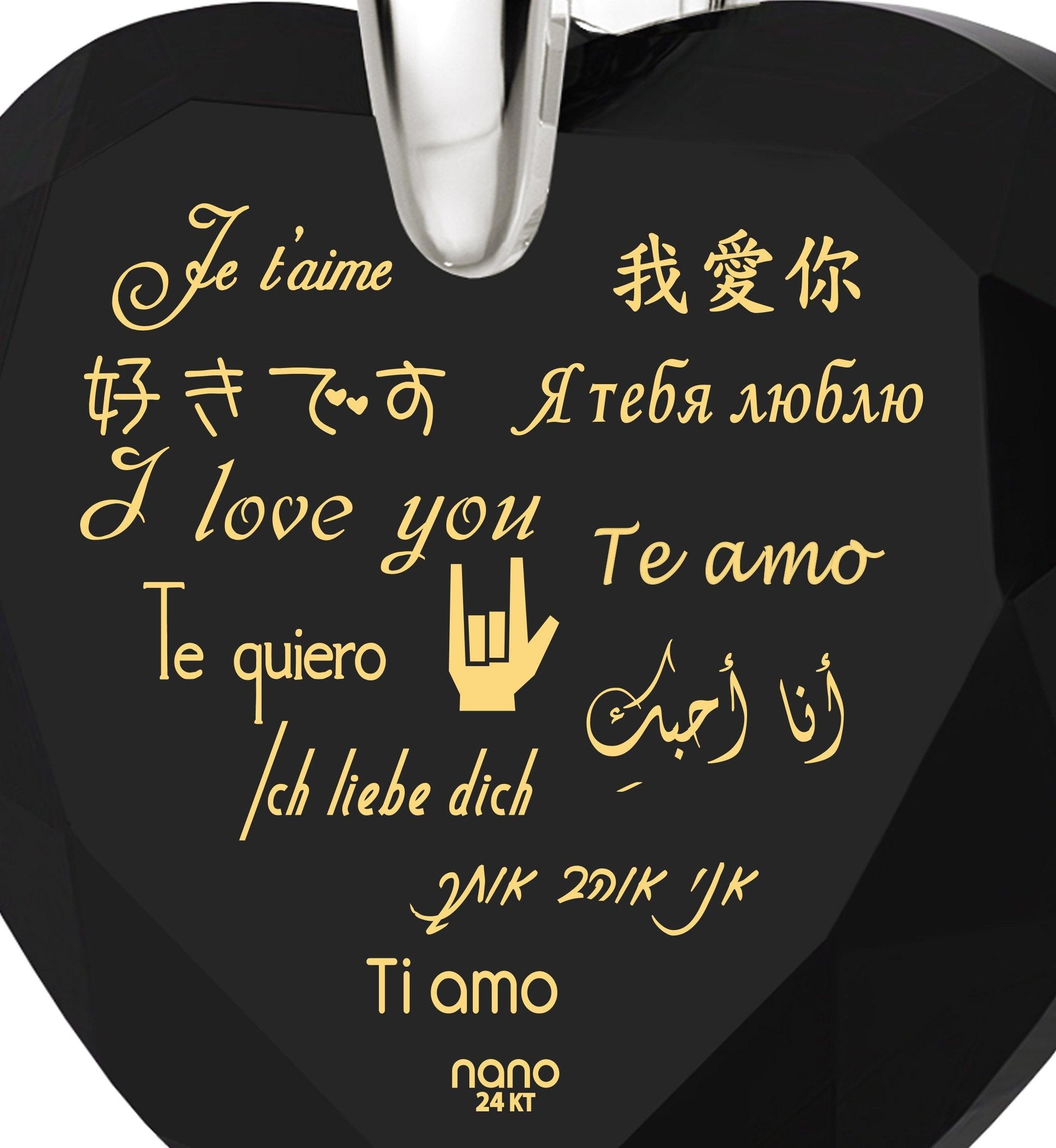 Silver Heart Necklace I Love You in 12 Languages 24k Gold Inscribed Cubic Zirconia - Puritific