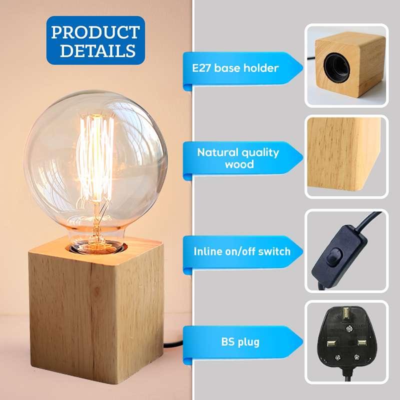 Solid Wood Table Lamp Base E27 220V Wooden 3 Pin Plug In Light with ON/OFF Switch~4557-6