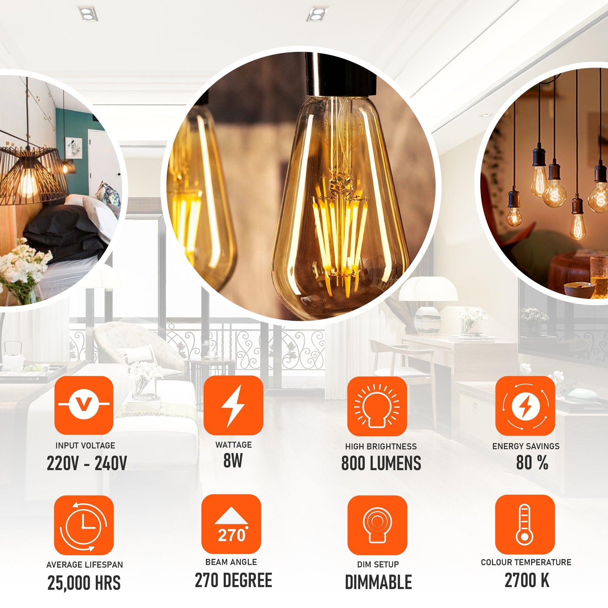 ST64 E27 8W Dimmable Retro Classic LED Filament Bulbs~3088-7