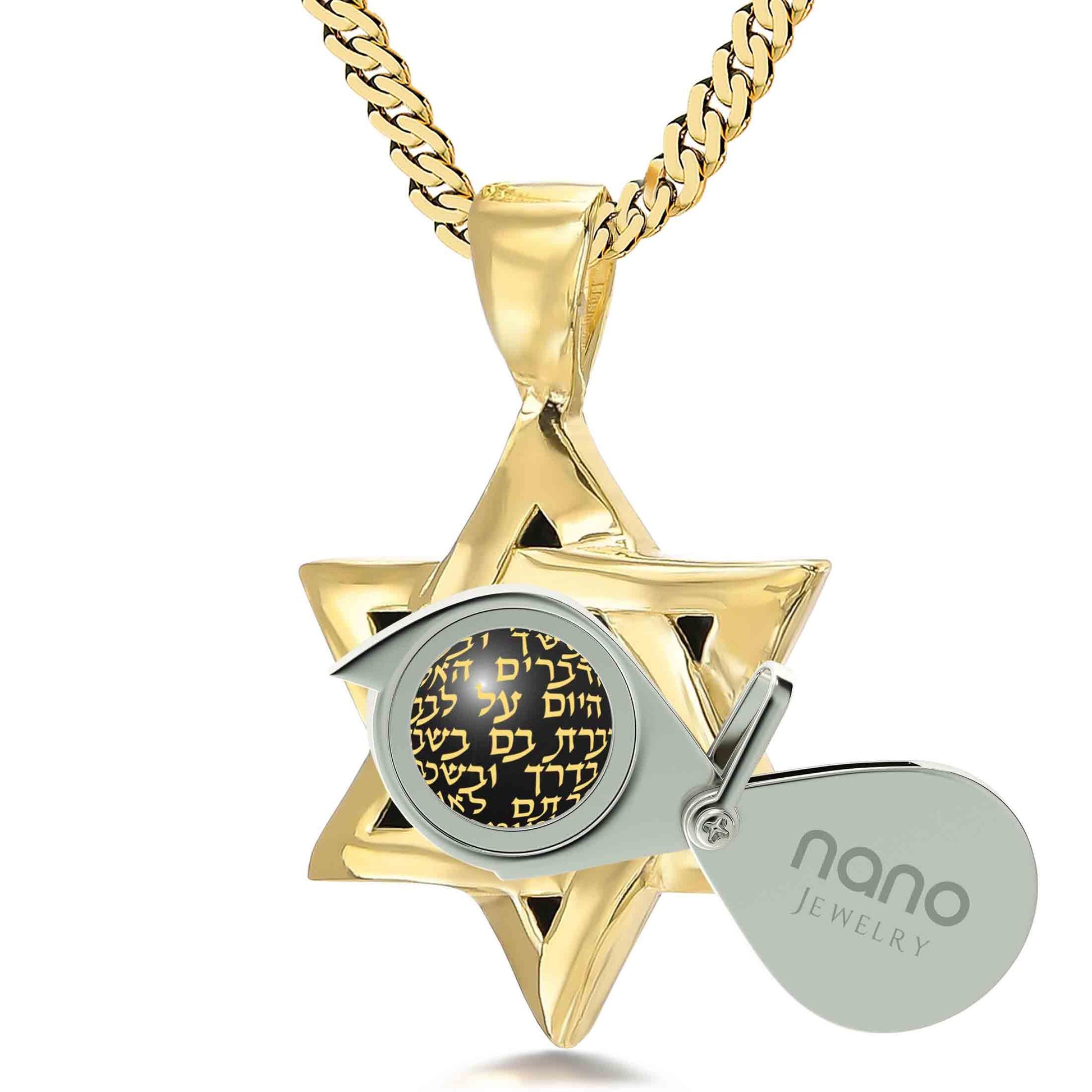 Star of David Necklace 24k Gold Inscribed Hebrew Shema Israel Pendant on Onyx - Puritific