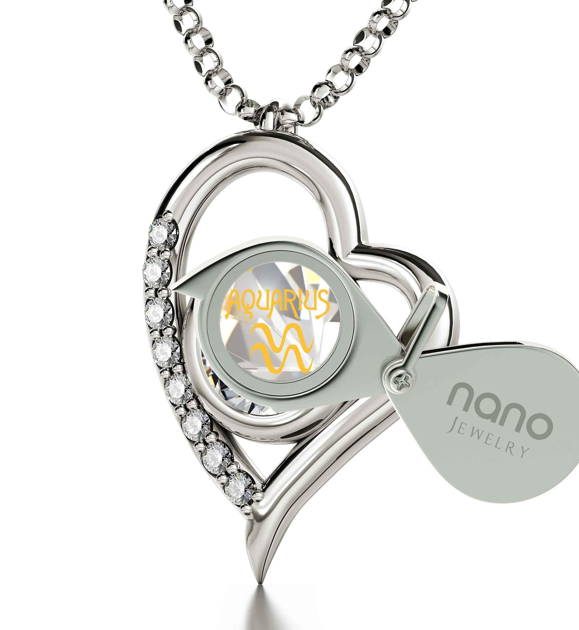 Sterling Silver Aquarius Necklace Zodiac Heart Pendant 24k Gold inscribed on Crystal - Puritific