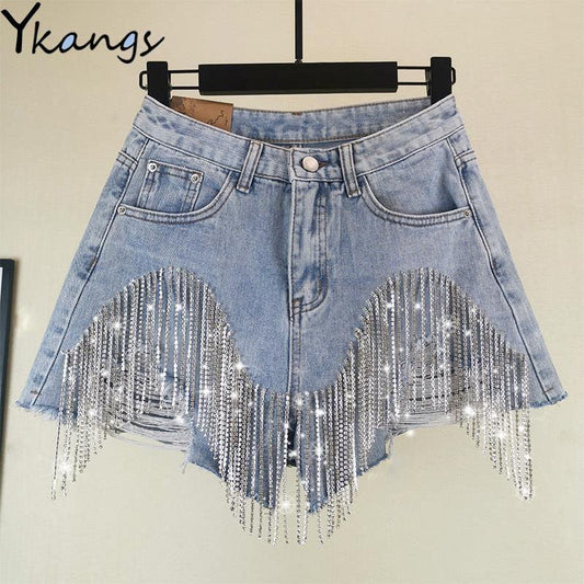 Tassel Rhinestone Denim Shorts - Puritific