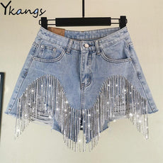 Tassel Rhinestone Denim Shorts - Puritific