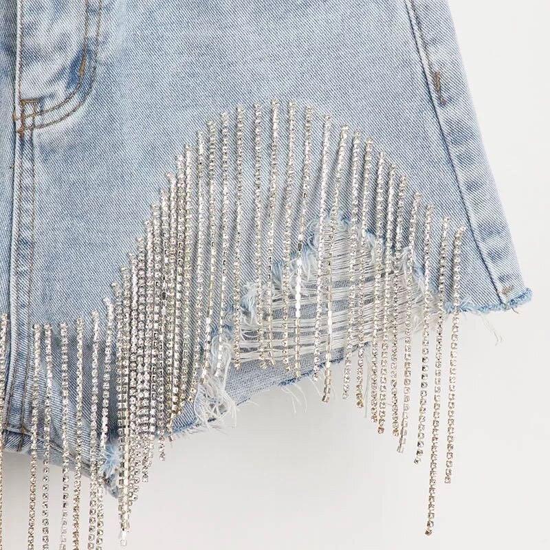 Tassel Rhinestone Denim Shorts - Puritific