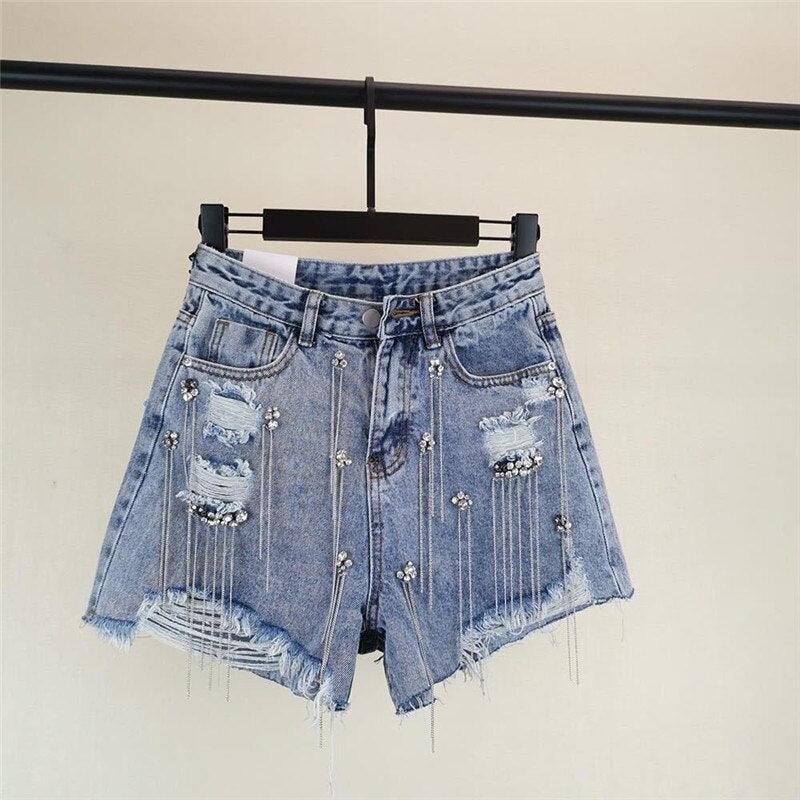 Tassel Rhinestone Denim Shorts - Puritific