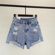 Tassel Rhinestone Denim Shorts - Puritific