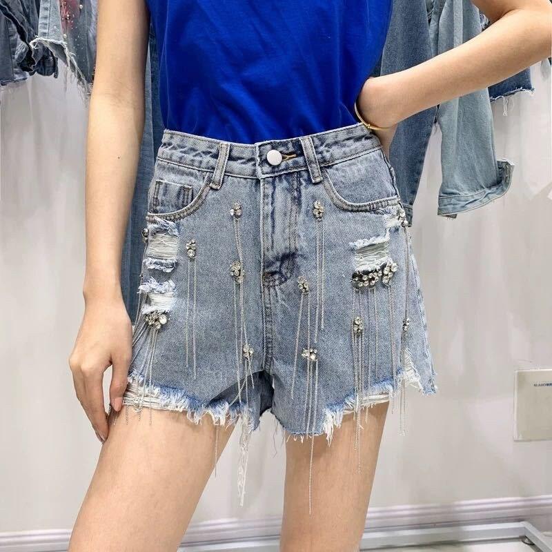 Tassel Rhinestone Denim Shorts - Puritific