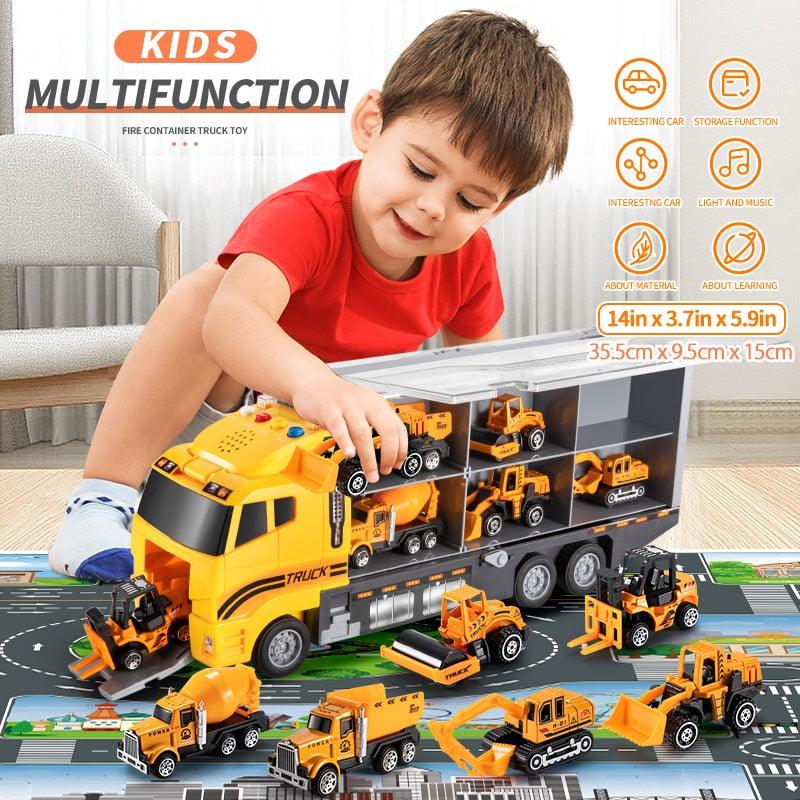 TEMI Big Container Transporter Playset with Play Mat &amp; 6PCS Mini Engineering Vehicle Car Model Toys For Kids Boys Gifts - Puritific