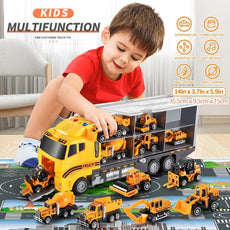 TEMI Big Container Transporter Playset with Play Mat & 6PCS Mini Engineering Vehicle Car Model Toys For Kids Boys Gifts - Puritific