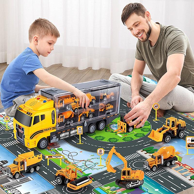 TEMI Big Container Transporter Playset with Play Mat &amp; 6PCS Mini Engineering Vehicle Car Model Toys For Kids Boys Gifts - Puritific