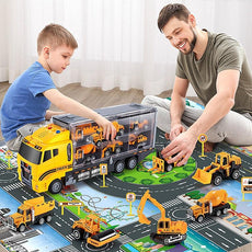 TEMI Big Container Transporter Playset with Play Mat & 6PCS Mini Engineering Vehicle Car Model Toys For Kids Boys Gifts - Puritific