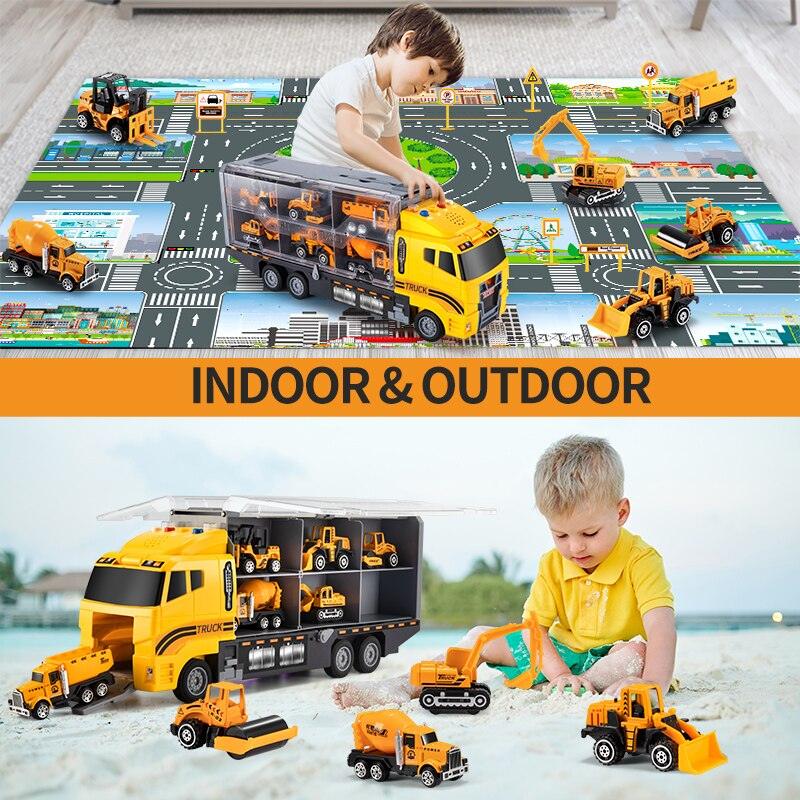 TEMI Big Container Transporter Playset with Play Mat &amp; 6PCS Mini Engineering Vehicle Car Model Toys For Kids Boys Gifts - Puritific