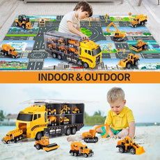 TEMI Big Container Transporter Playset with Play Mat & 6PCS Mini Engineering Vehicle Car Model Toys For Kids Boys Gifts - Puritific