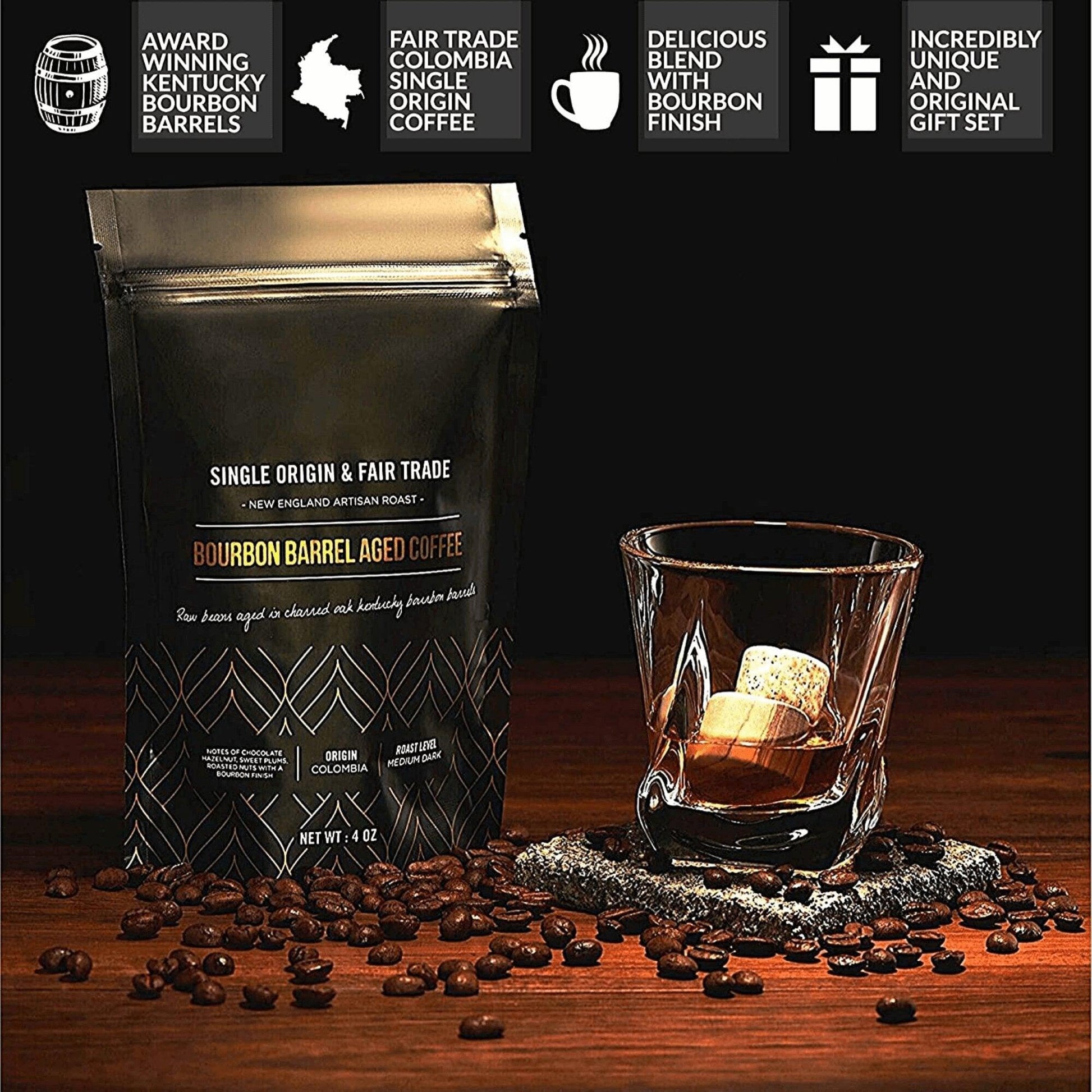 The Gourmet Gift Set - Whiskey Stones & Bourbon Barrel Aged Coffee - Puritific