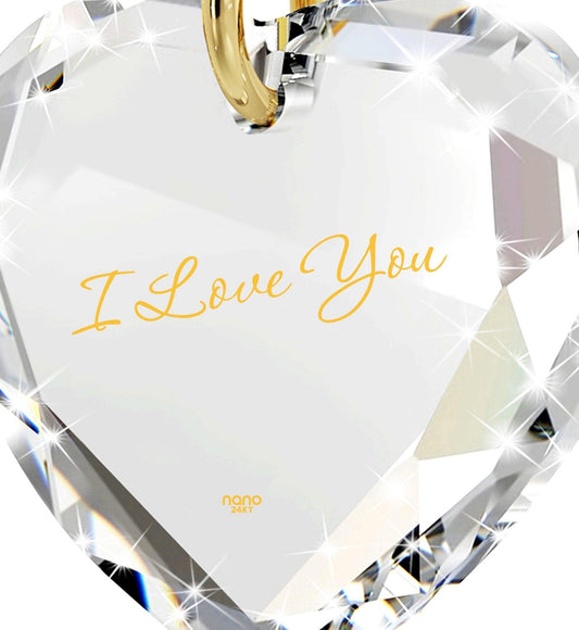 Tiny Crystal Heart Pendant I Love You Necklace 24k Gold Inscribed - Puritific