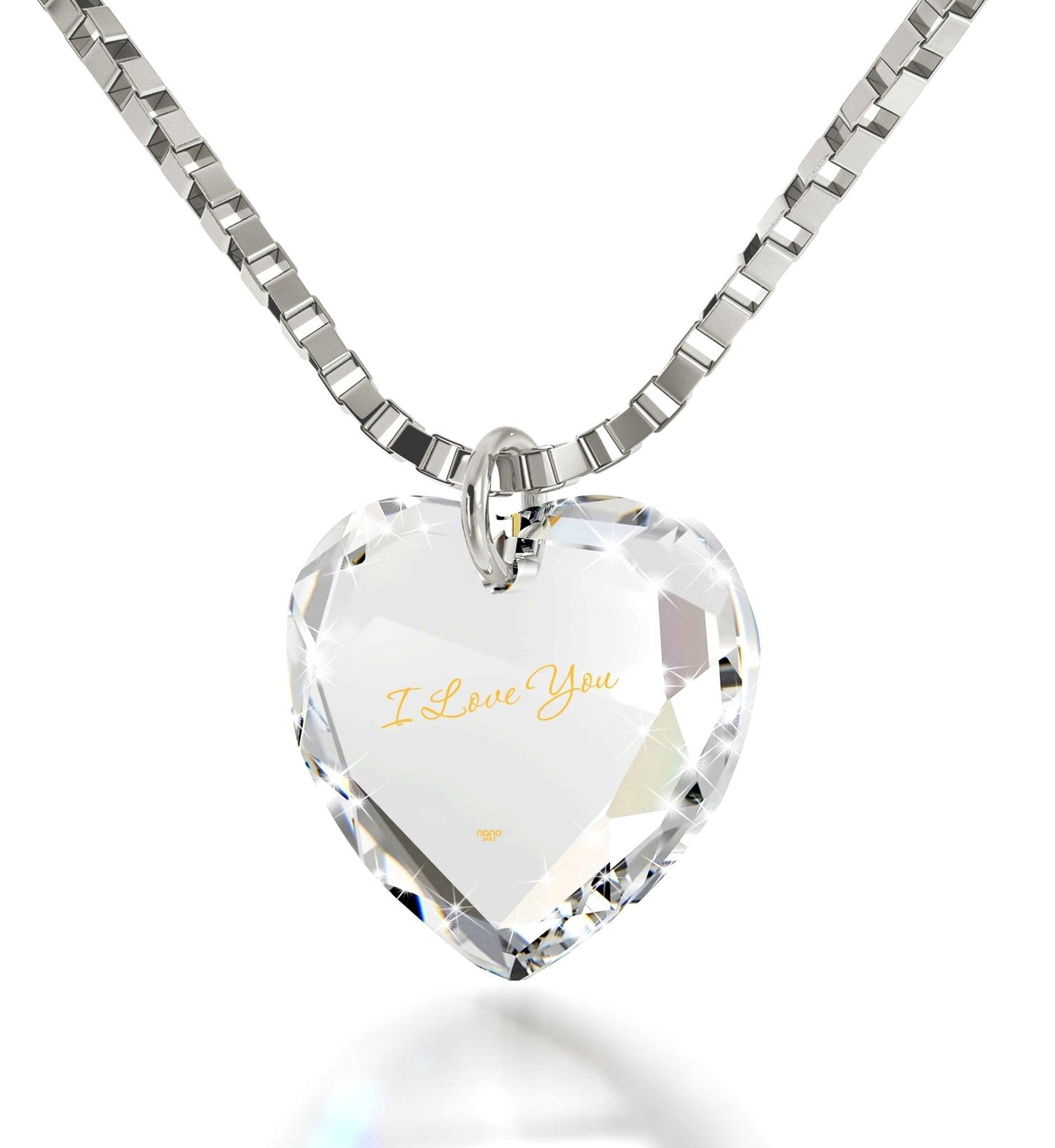 Tiny Crystal Heart Pendant I Love You Necklace 24k Gold Inscribed - Puritific