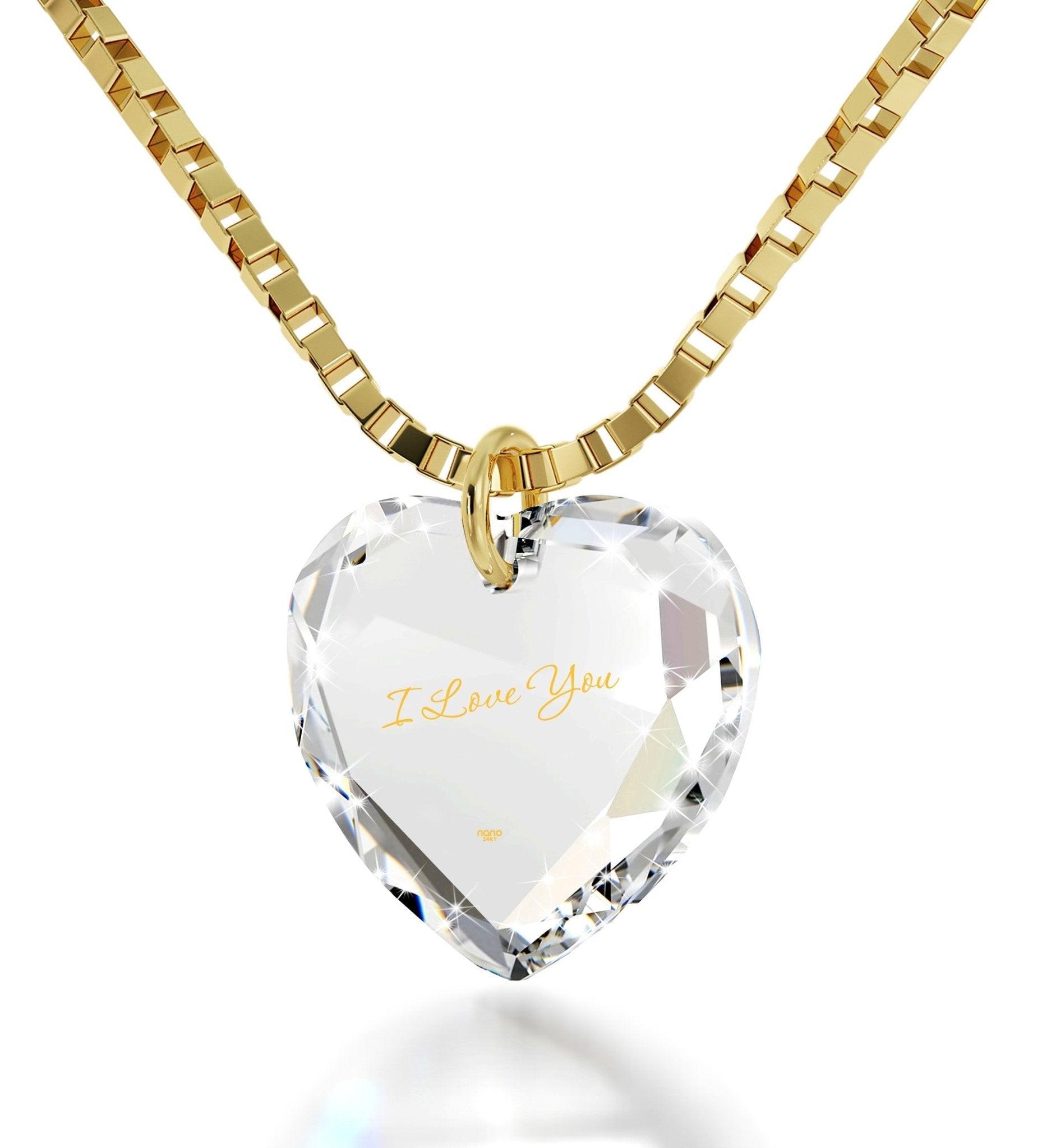 Tiny Crystal Heart Pendant I Love You Necklace 24k Gold Inscribed - Puritific