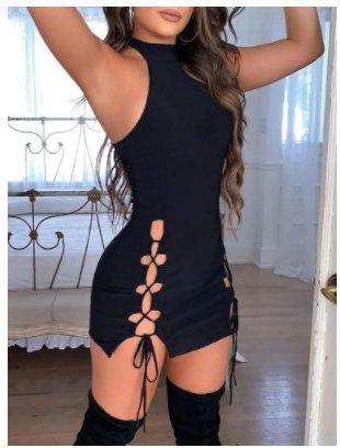 Trendy Solid Black Lace-Up Mini Club Dress - Puritific