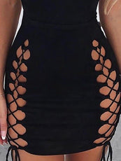 Trendy Solid Black Lace-Up Mini Club Dress - Puritific