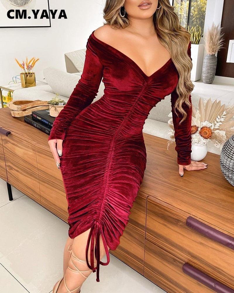 Velvet Drawstring Off Shoulder Midi Dress - Puritific