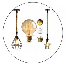 Vintgae E27 Industrial Pendant Retro Cage Edison Hemp Rope Ceiling Light Fixture~2026-0